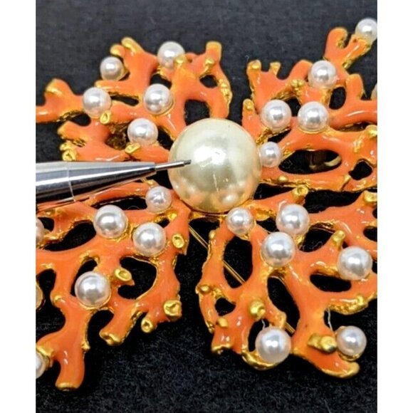 KJL KENNETH J LANE Large Enamel Brooch Coral Branch Faux Pearl Vintage Pin - Picture 10 of 16